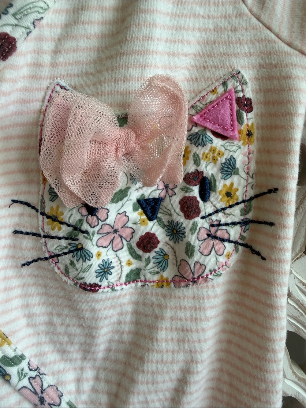 Mud Pie Pink Striped Floral Cat Wrap Footie, 0-3M - Picture 4 of 6
